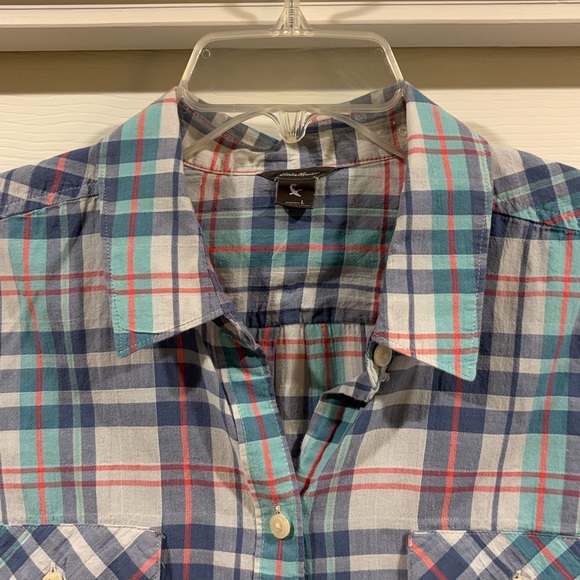 Tops - Eddie Bauer Plaid Short-Sleeve Button-Up Shirt - Blue/Teal size L Womens